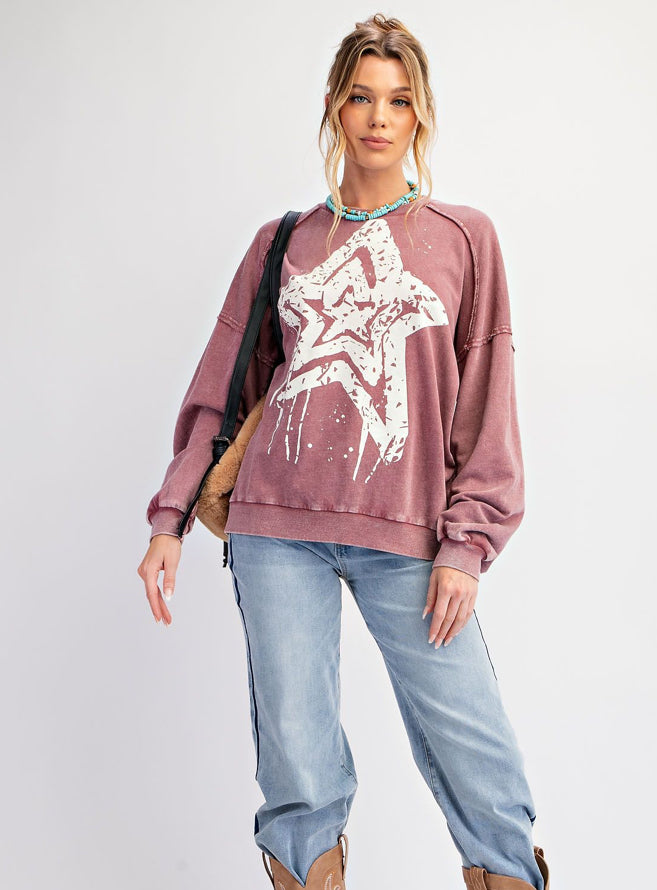 Star Print Terry Knit Pullover
