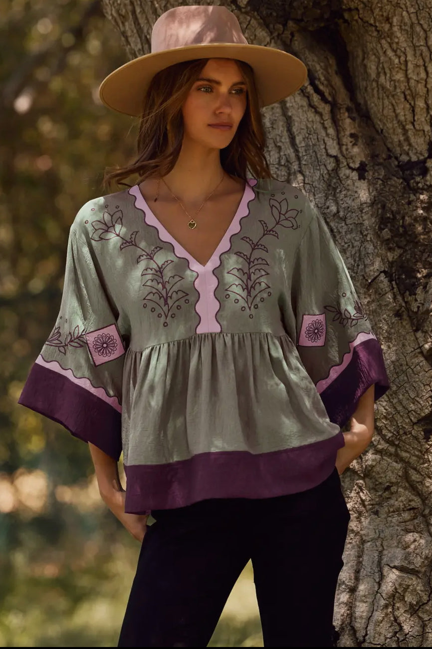 Grey Combo Peasant Blouse