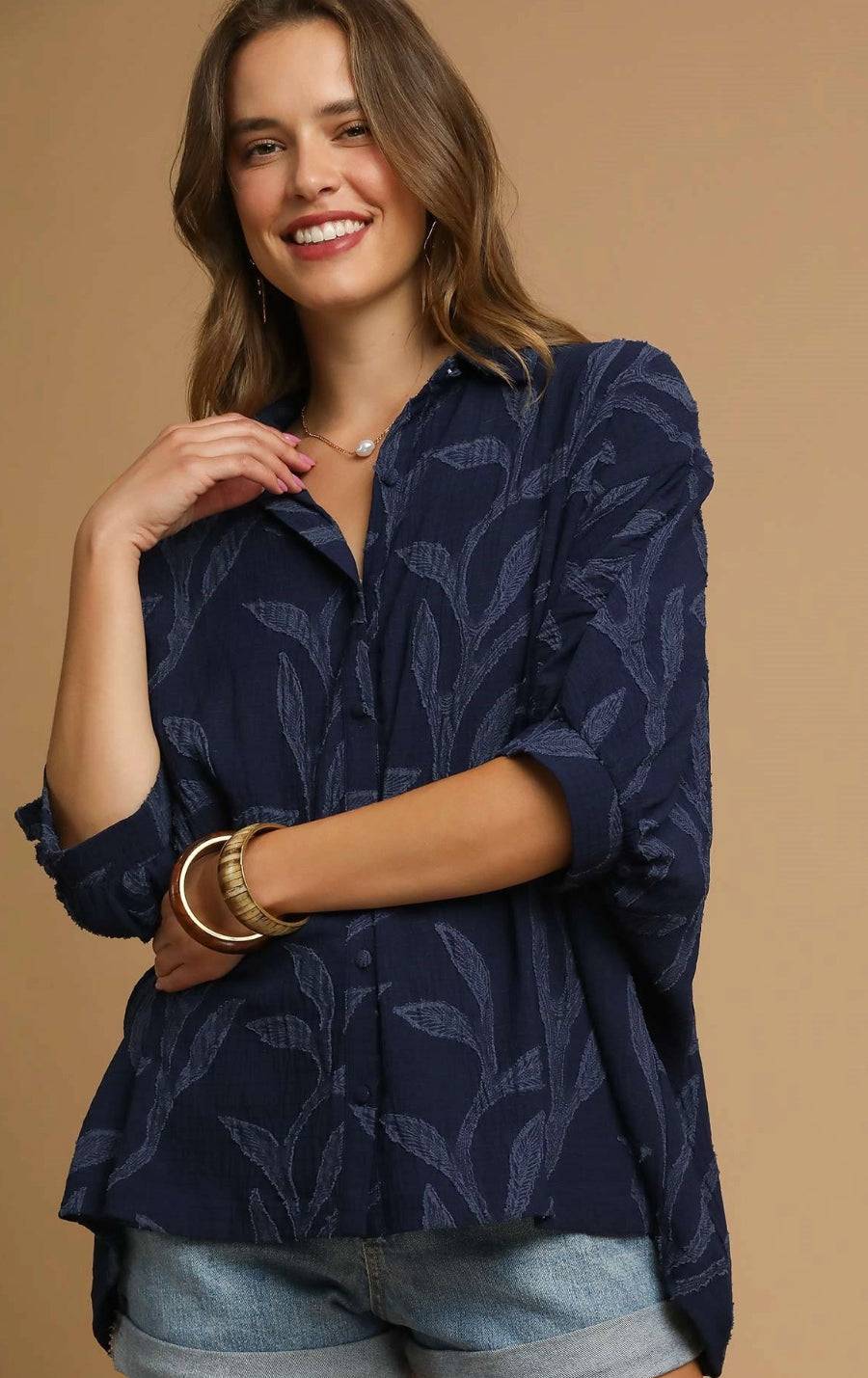 Textured Leaf Button-Down Blouse