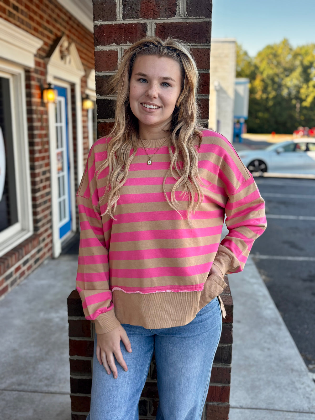 Pink & Brown Striped Sweatshirt