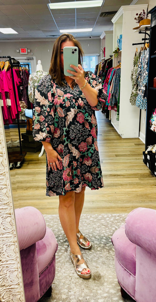 Floral Ruffle Neck Mini Dress