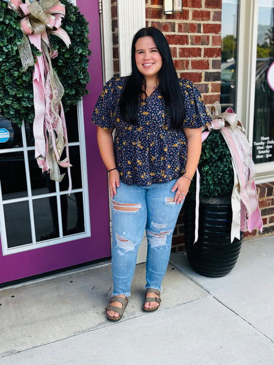 Navy Sunflower Blouse