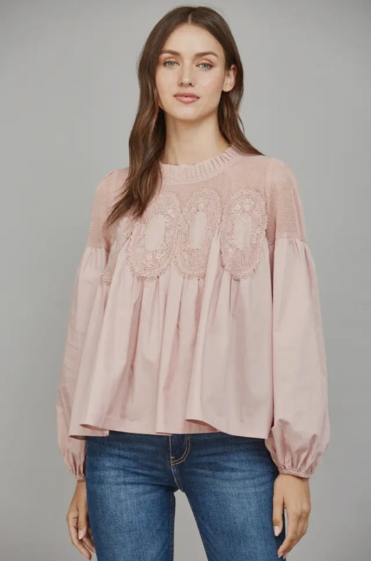 Lace Applique Long Sleeve Blouse