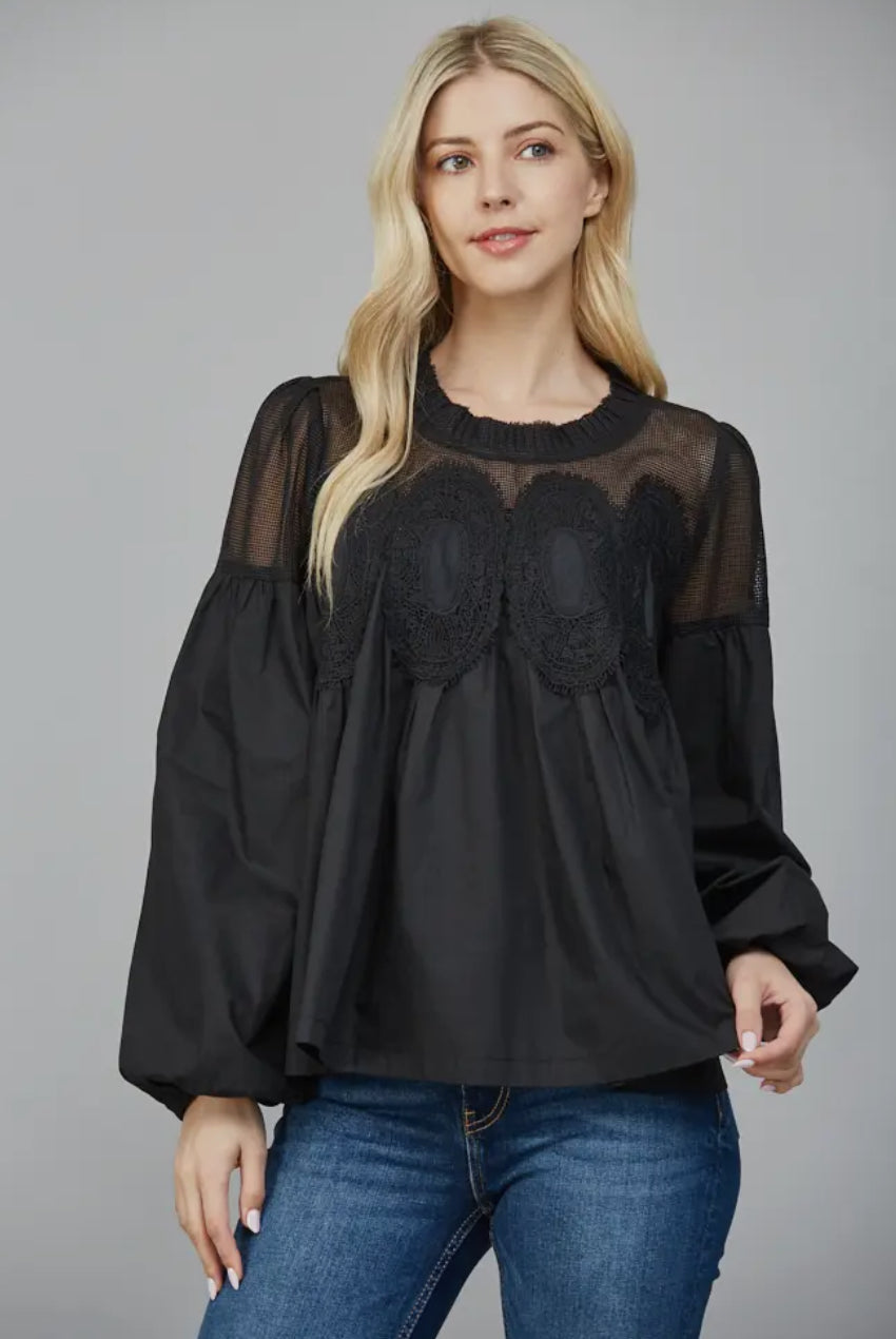 Lace Applique Long Sleeve Blouse