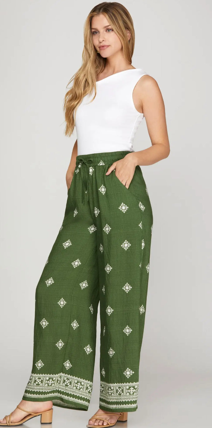 Wide leg printed elastic pants