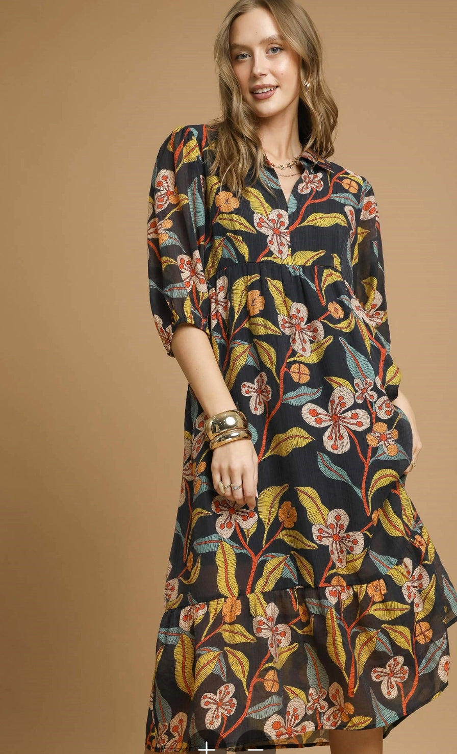 Black Mix Floral Midi Dress