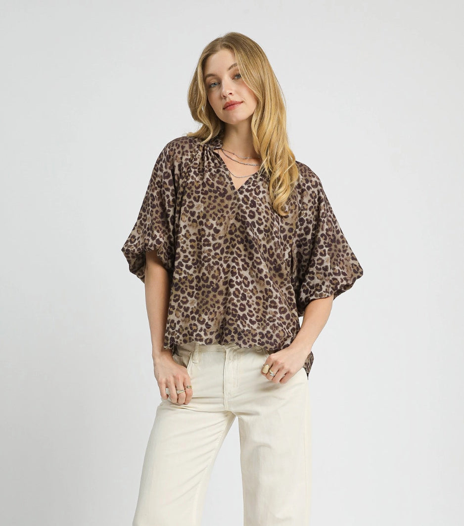 Bubble Sleeved Animal Print Blouse