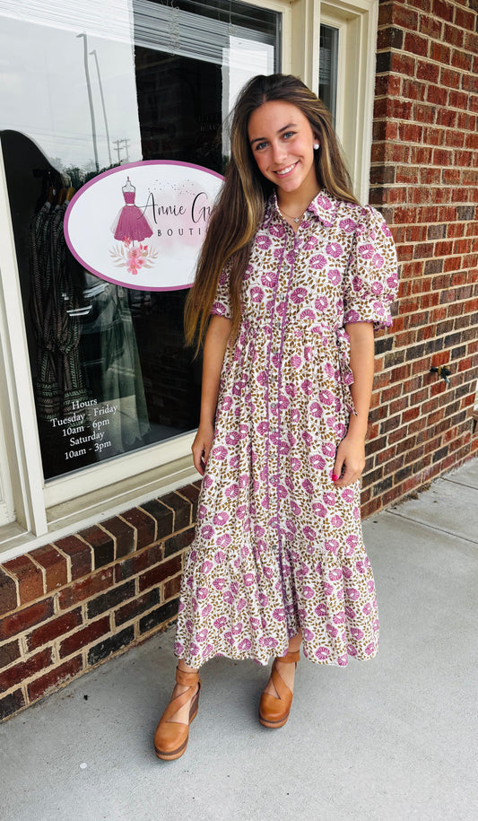 Floral button tie midi dress