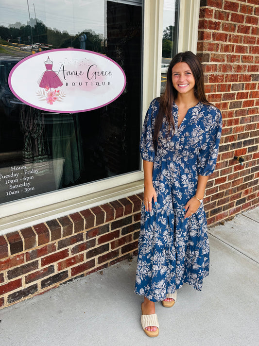 3/4 SLEEVE PRINTED MIDI DRESS WITH POCKETS