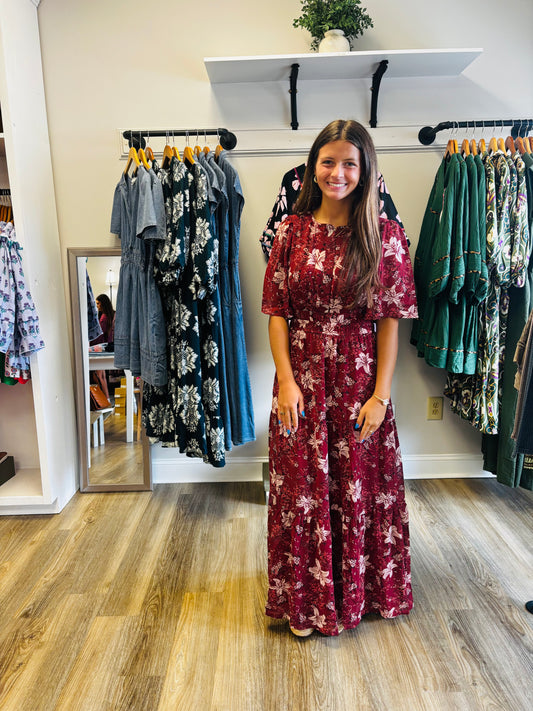 FLUTTER SLEEVE WOVEN PRINT TIERED MAXI DRESS