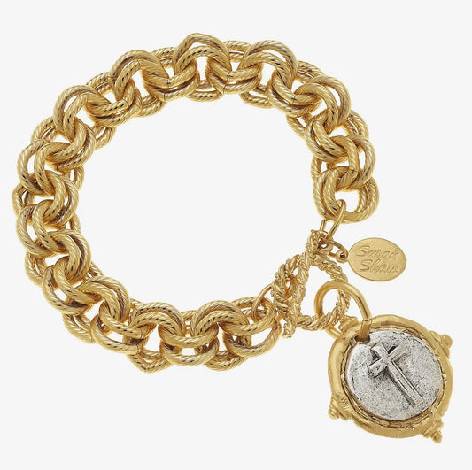 S.S. Gold & Silver Italian Intaglio Cross Bracelet