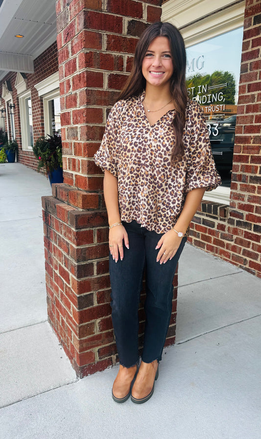 Bubble Sleeved Animal Print Blouse