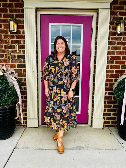 Black Mix Floral Midi Dress
