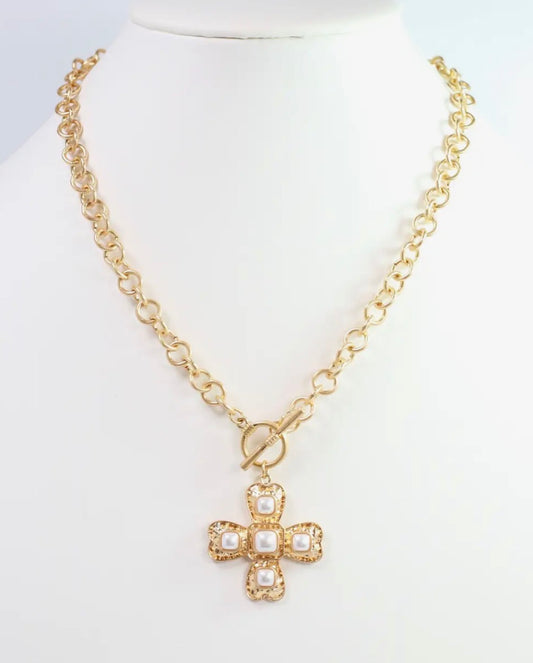 Palazzo Pearl and Gold Cross Necklace