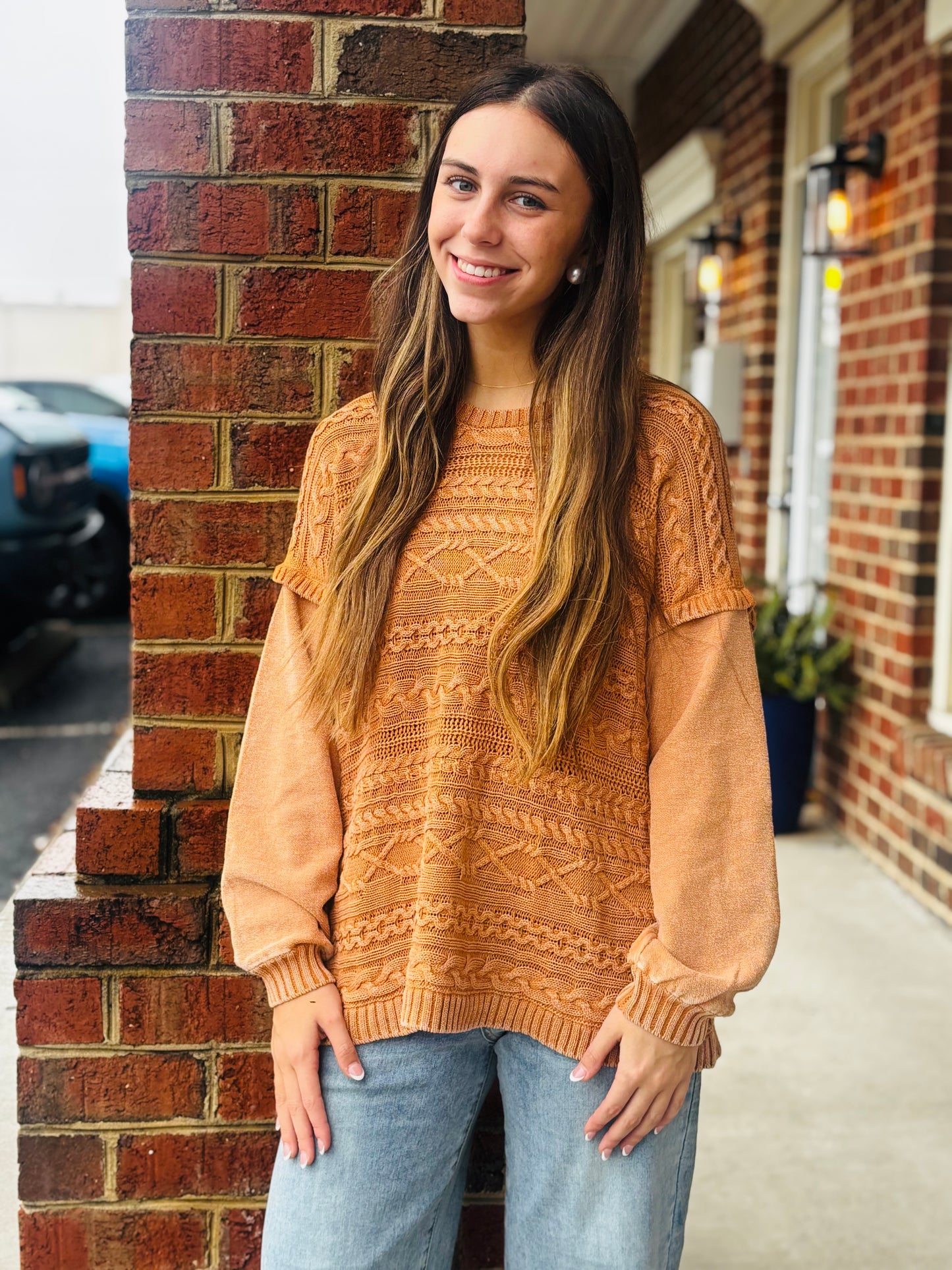 CABLE KNIT WASHED SWEATER TOP