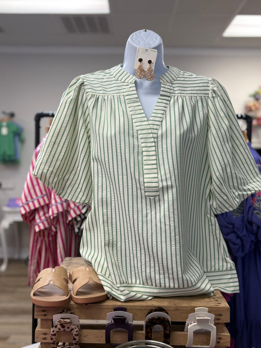 Striped woven bubble sleeve top
