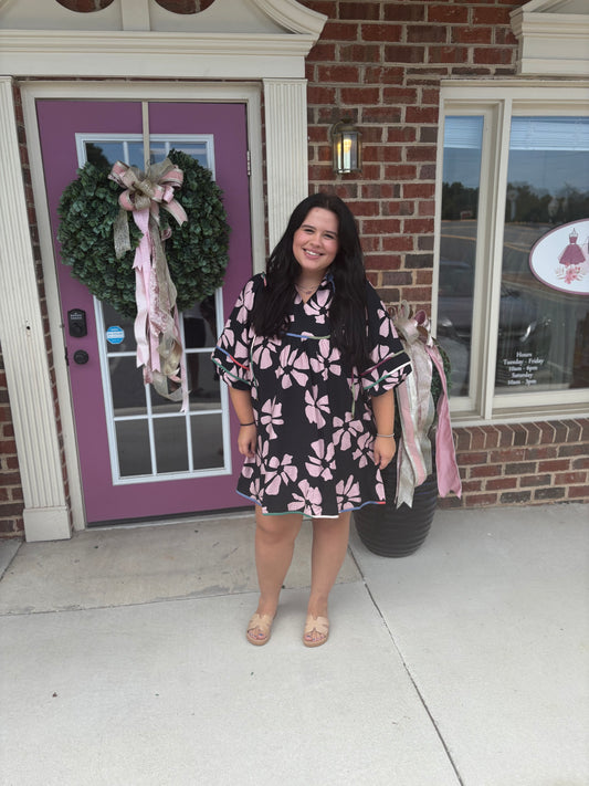 Two Tone Floral Tie-Neck Babydoll Dress
