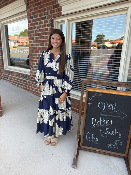 Navy Floral Midi Dress
