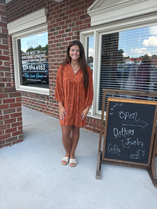 Rust ruffle neck dress
