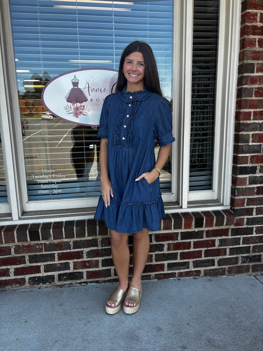 Denim Pearl Mini Dress
