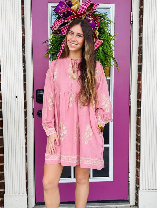 Rose Pink Embroidered Mini Dress