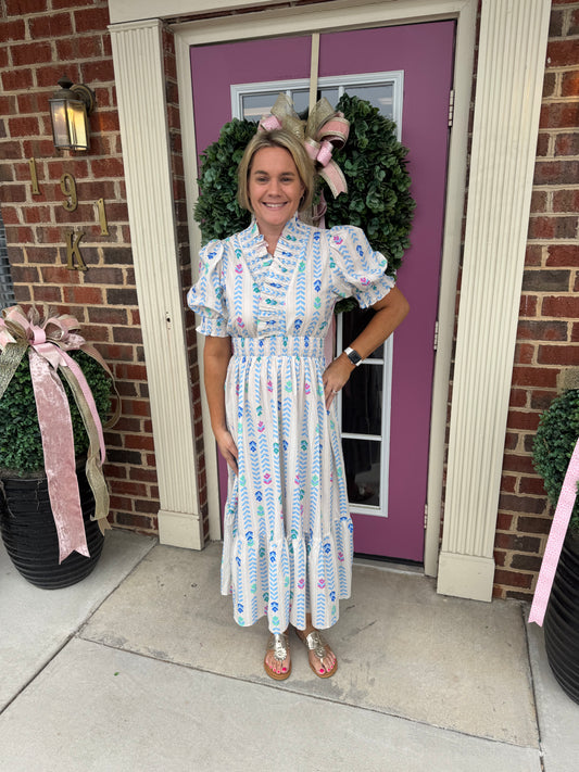 Vibrant Ruffle Smocked Midi Dress