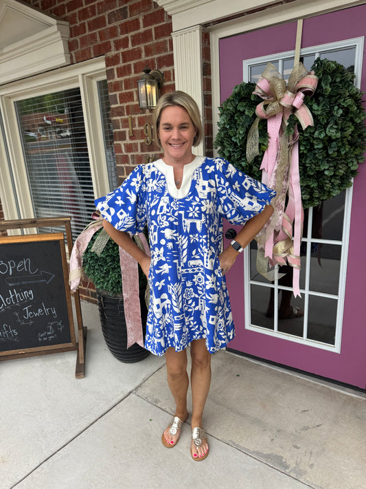 Abstract Print Puff Sleeve Tunic Dress
