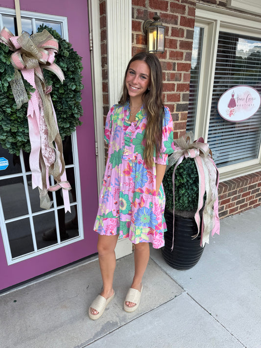 Puff Short Sleeve Floral Dress