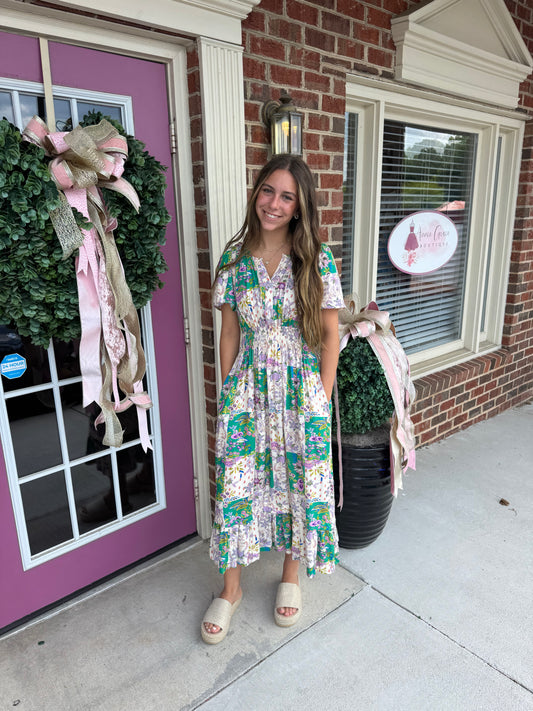 Patchwork Floral Smocked Midi Dress