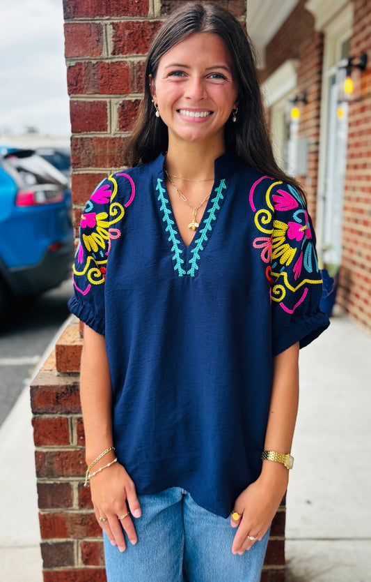 Navy Embroidered Top