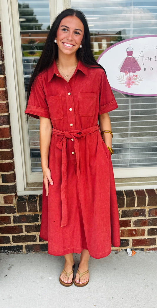 Terracotta Corduroy Midi Dress
