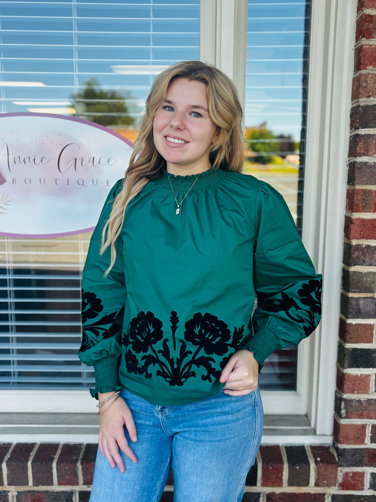 Hunter Green Embroidered Blouse