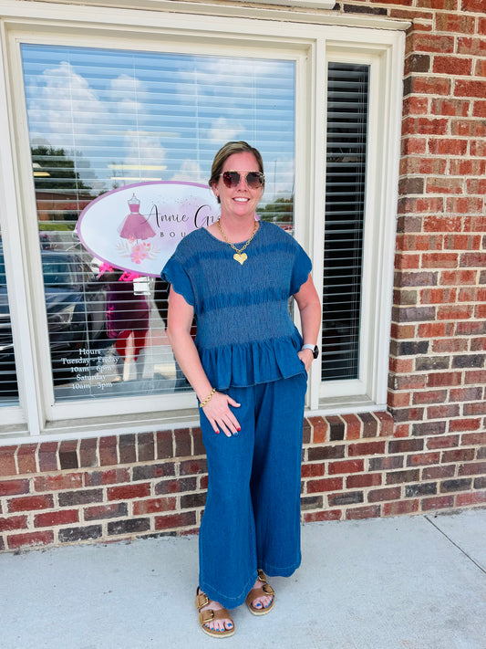 Chambray Scalloped Hem Pants