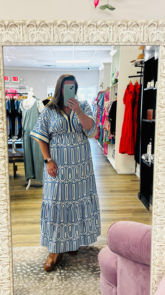 Blue & White Abstract Maxi Dress