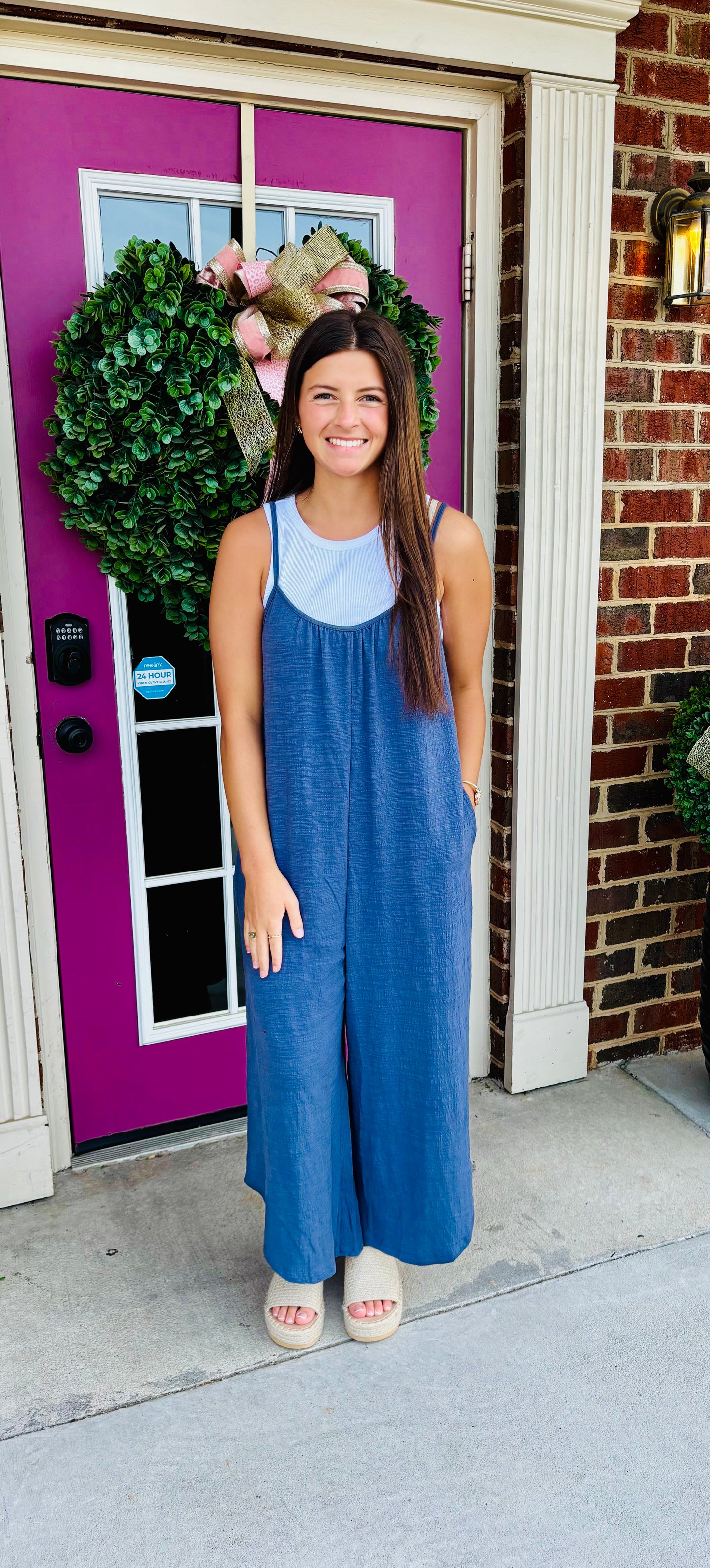 Worn Blue Textured Jumpsuit