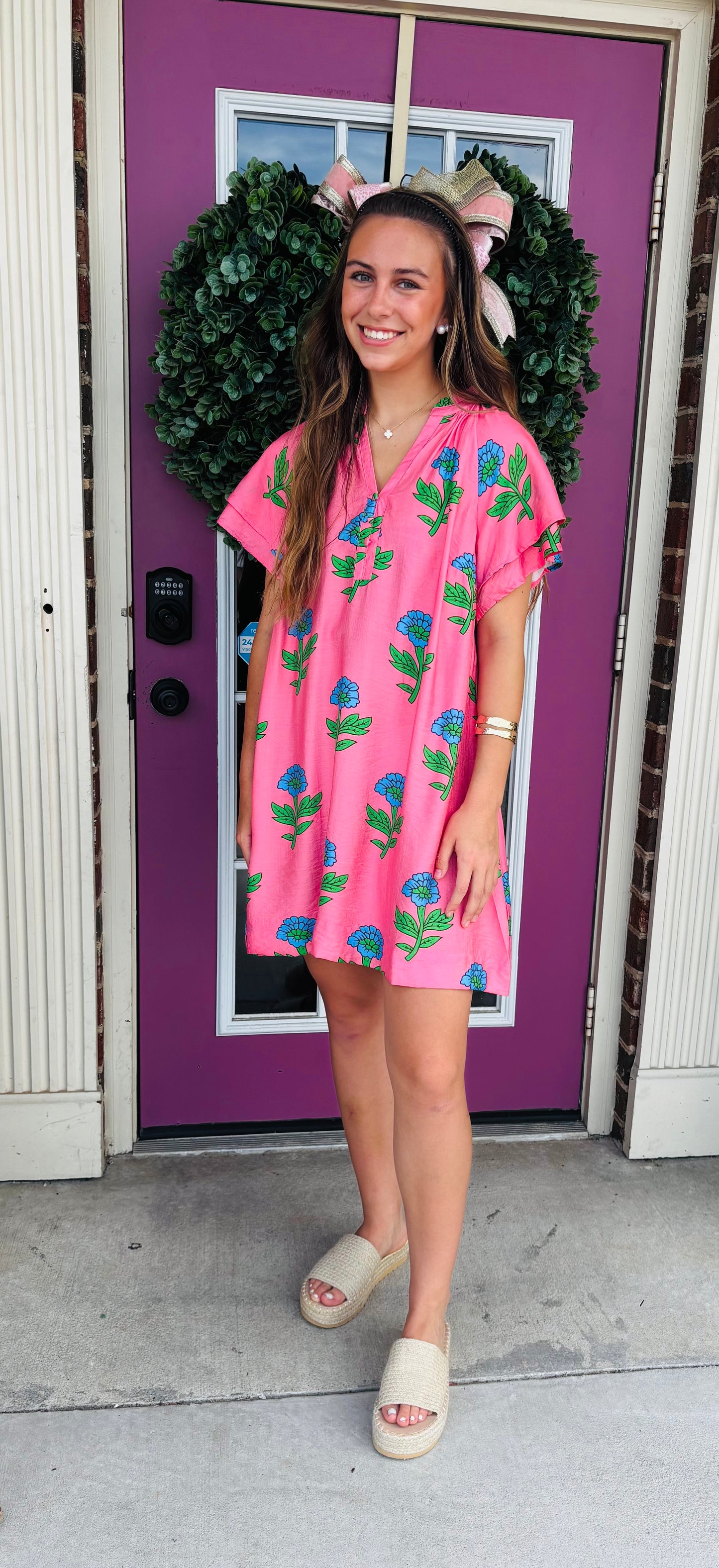 Floral Print Ruffle Sleeve Tunic Dress