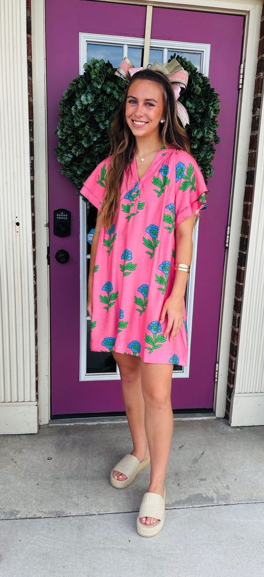Floral Print Ruffle Sleeve Tunic Dress