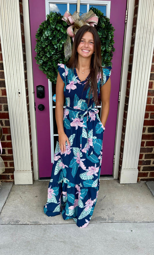 Navy Tropical Maxi Dress