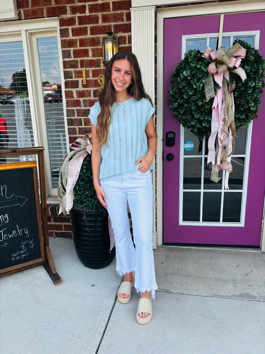 Blue Textured Cap Sleeve Blouse
